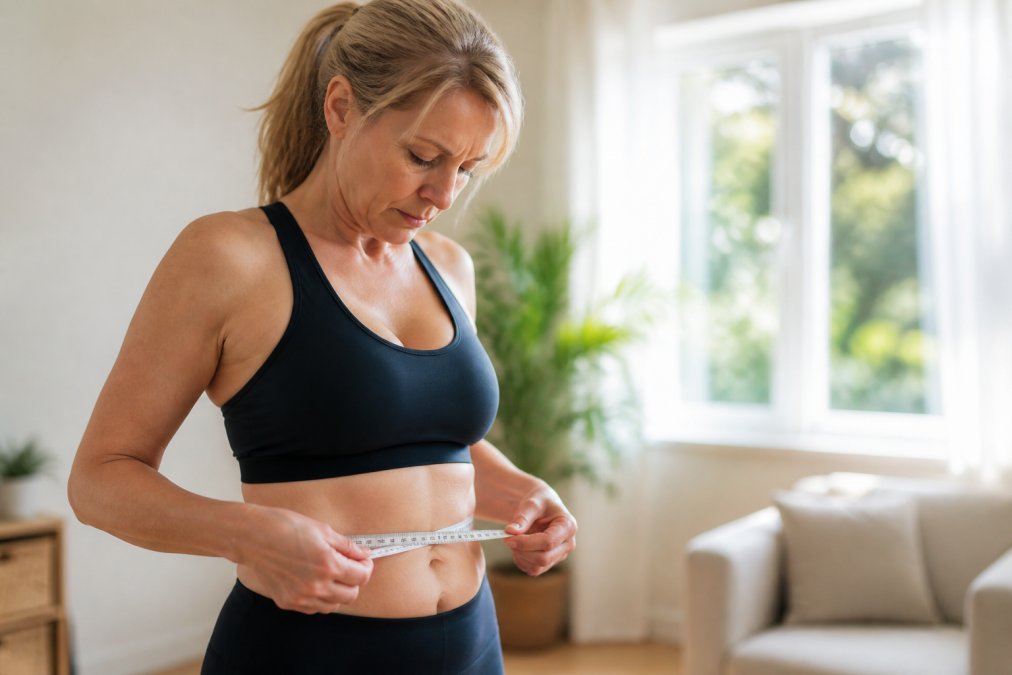 Middle-aged woman in athletic wear measuring her waist with a tape measure, looking thoughtful, standing in a bright home environment with natural sunlight streaming through windows