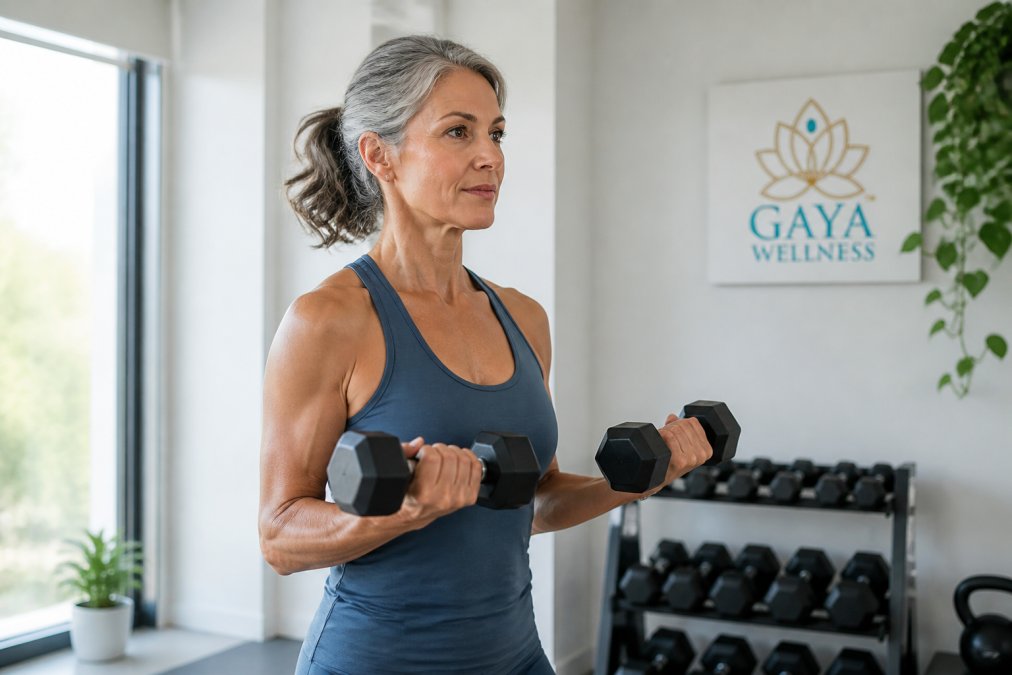 Woman in her 50s performing strength training with dumbbells in a bright home gym with natural light, looking focused and energized