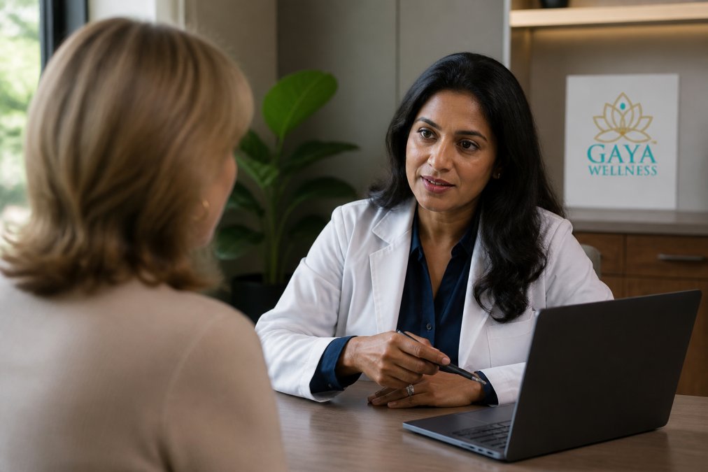 Female board-certified OB/GYN reviewing detailed lab results with patient during virtual consultation on laptop, both focused on screen in professional setting