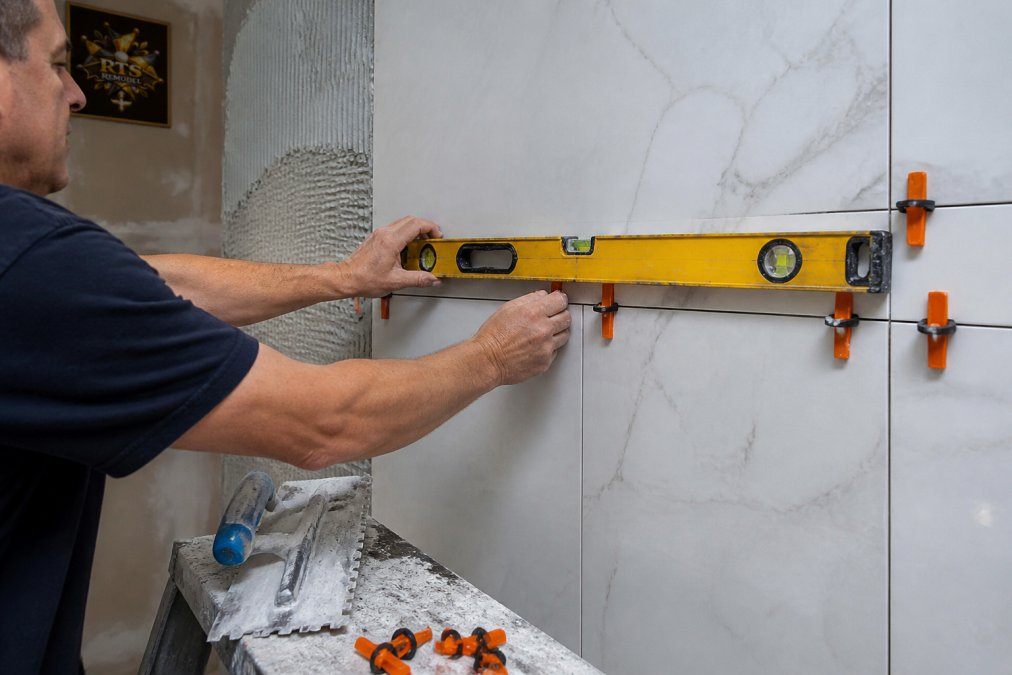 Tile installer using a level and spacers for hsbtile vs all style tile precision on a shower wall