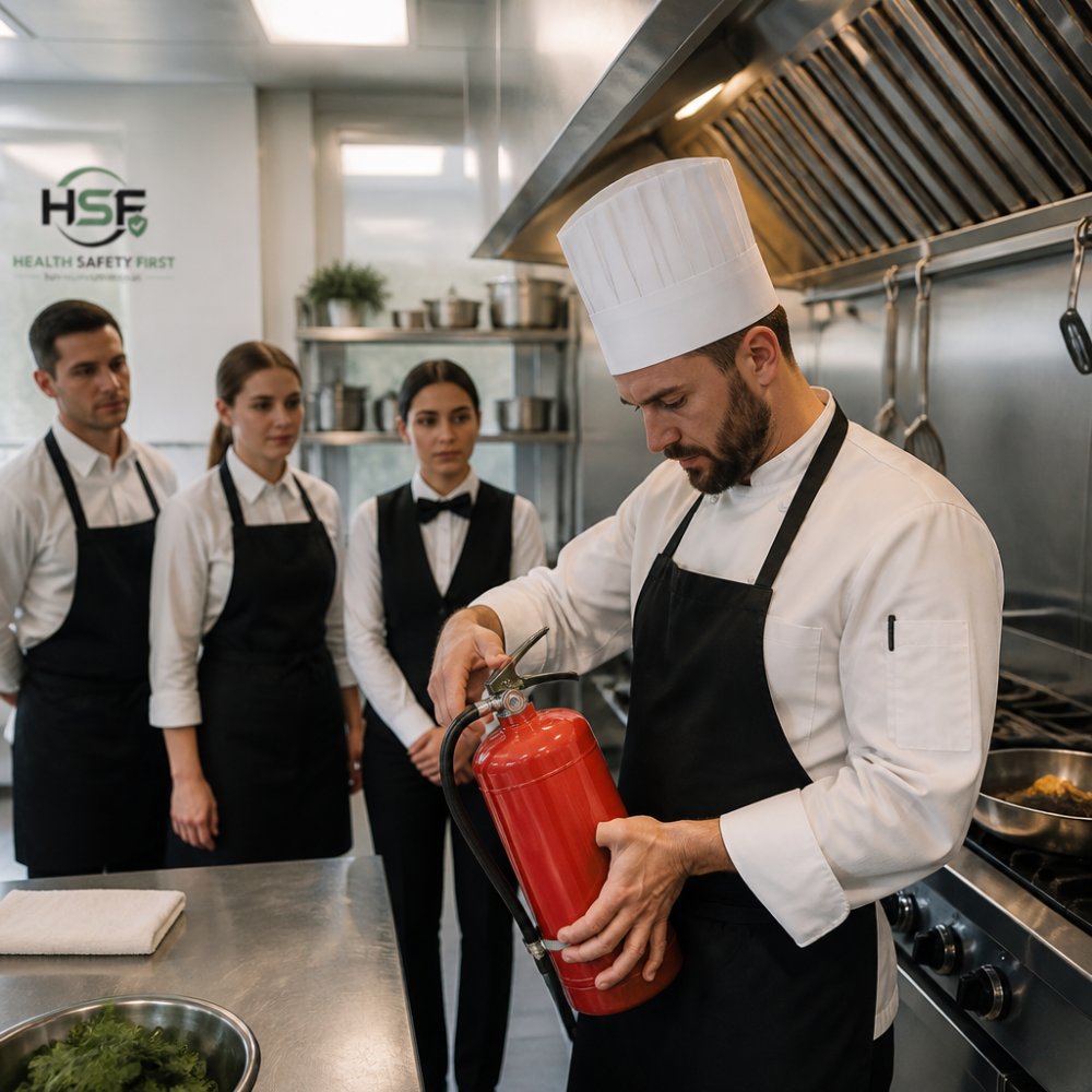 A restaurant kitchen with a chef checking a fire extinguisher and a clean extraction hood, showing a safe cooking environment