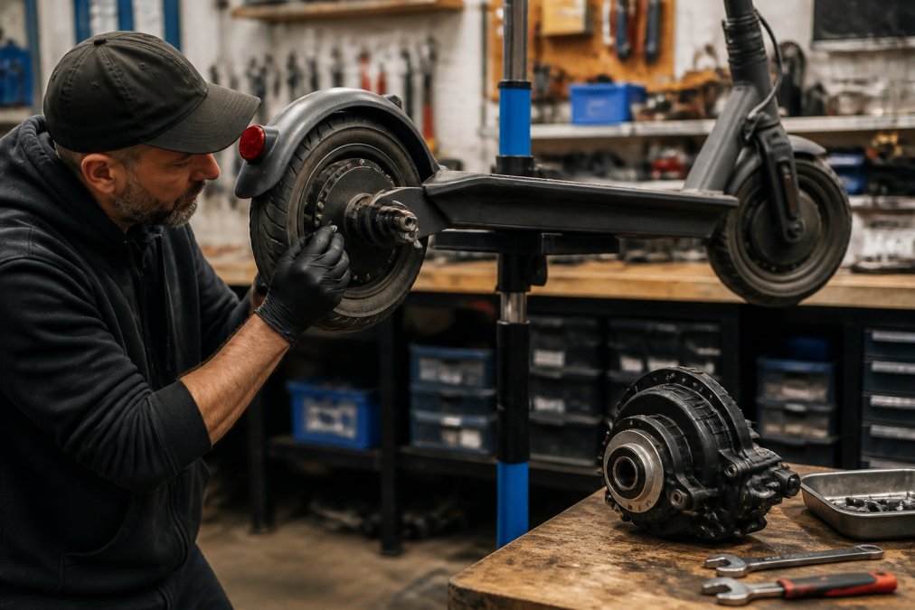 Mechanic inspecting a rear wheel hub motor on an electric scooter in a workshop with spare parts on a workbench