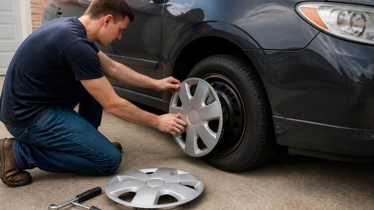 A person kneeling beside a car in a driveway, pressing a new silver hubcap onto a steel wheel with both hands, tools and a second hubcap resting on the ground nearby