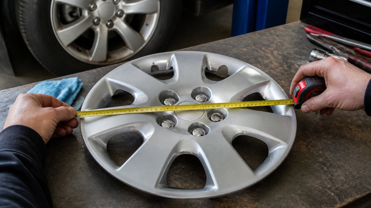 Close-up of a person's hands holding a tape measure across the diameter of a silver hubcap resting on a garage workbench, with a car wheel visible in the background