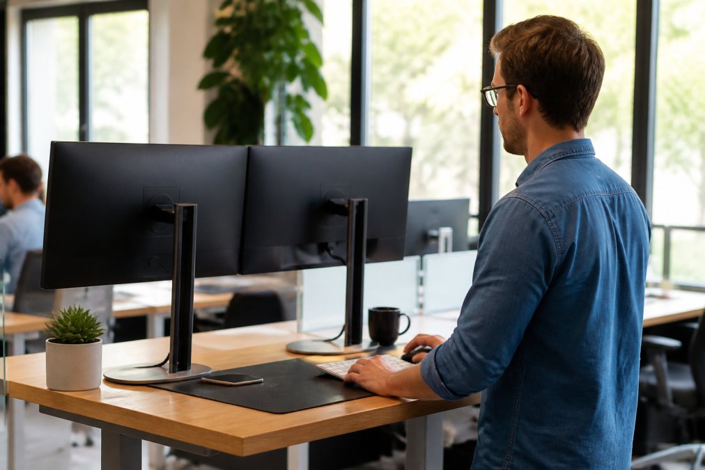 Young tech founder working at a modern standing desk in a co-working space, with multiple monitors displaying customer data dashboards and sales pipeline visualisations, natural daylight from large windows