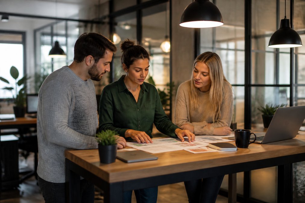 Startup team of three people collaborating at a standing desk in a modern office, reviewing HubSpot onboarding materials and growth strategy on a shared screen, warm office lighting