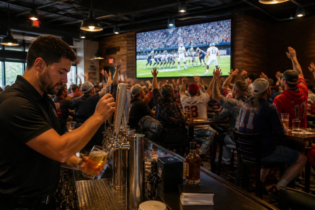 A lively sports bar interior with a large flat screen showing a football game, groups of fans cheering at high-top tables, and a bartender pouring a draft beer in the foreground