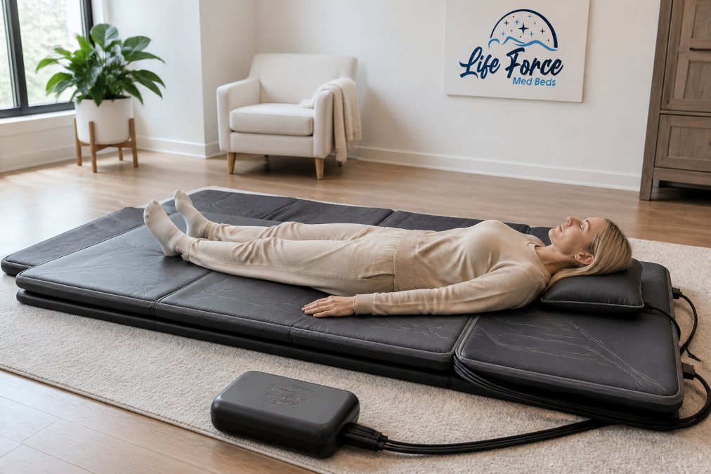Person relaxing on a full-body HUGO PEMF mat in a bright, modern home wellness room with a control unit nearby