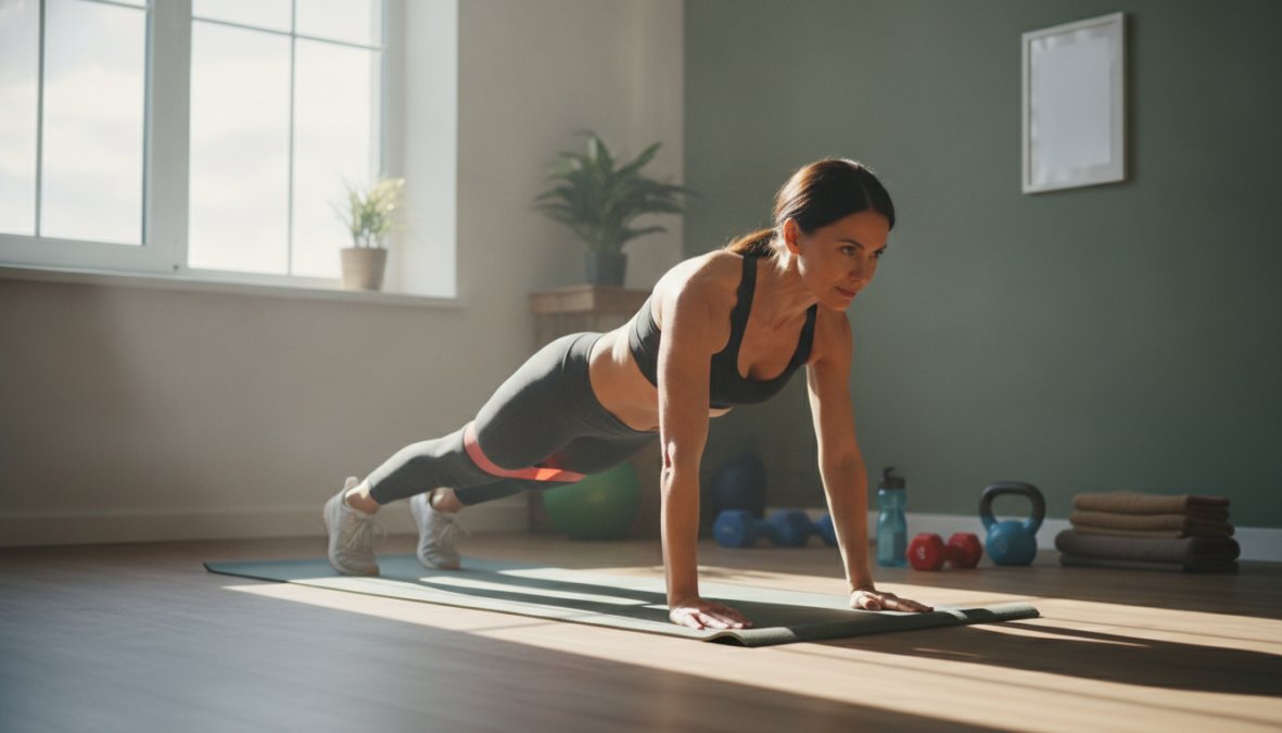 Persoon die krachttrainingsoefeningen uitvoert in een fitnessomgeving, gericht op kernspieren en buikgebied met halters en trainingsapparatuur