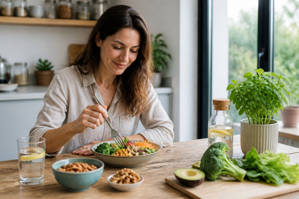 Persoon eet gezonde voeding met groenten en noten als ondersteuning bij huidverstrakkende behandelingen gewichtsverlies.