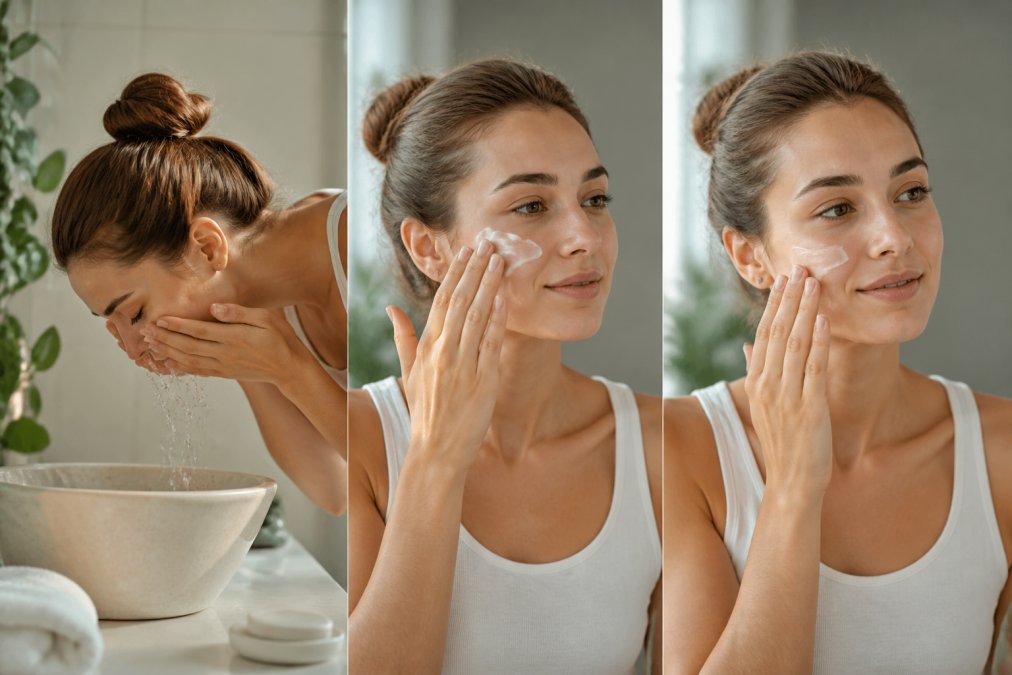 Persoon volgt een minimalistische huidverzorging routine voor drukke mensen door het reinigen en hydrateren van het gezicht.