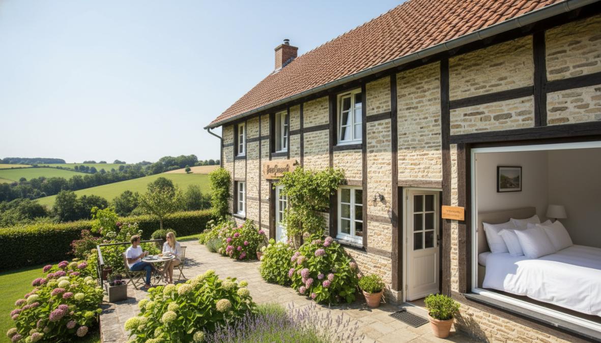 Ruime, lichte hotelkamer in een gerenoveerde hoeve met wit beddengoed, houten vloeren en een groot raam met uitzicht op een groene omheinde tuin in de Vlaamse Ardennen, fotografisch opgenomen in zacht ochtendlicht