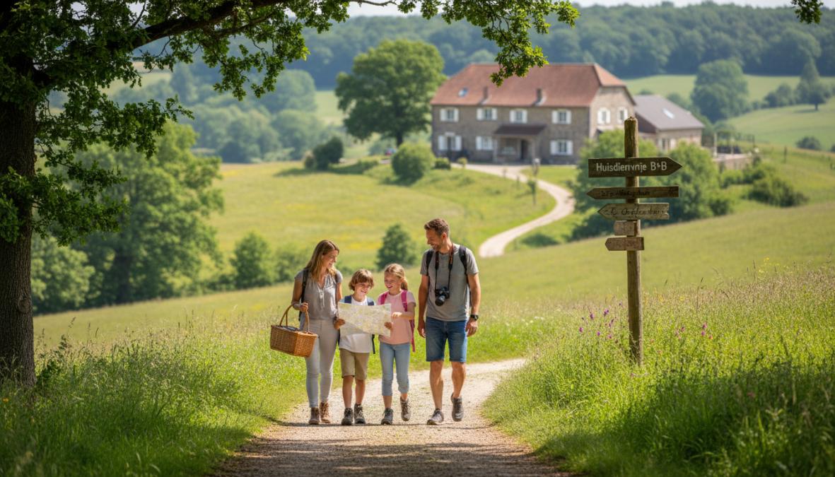 Een gezin met twee jonge kinderen dat wandelt op een slingerend landweggetje omgeven door groene glooiende heuvels en bloeiende bermen in de Vlaamse Ardennen, fotografisch vastgelegd op een heldere zonnige dag