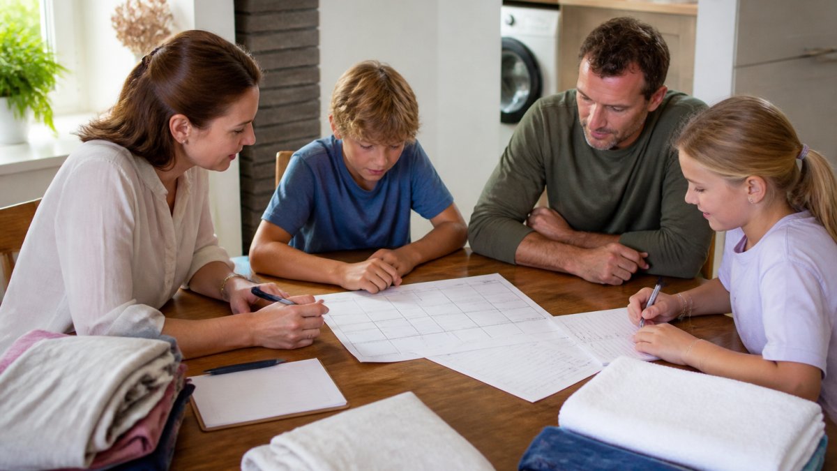 Familie aan keukentafel met ouders en kinderen die samen een weekplanner en takenlijst invullen, met papieren en pennen zichtbaar