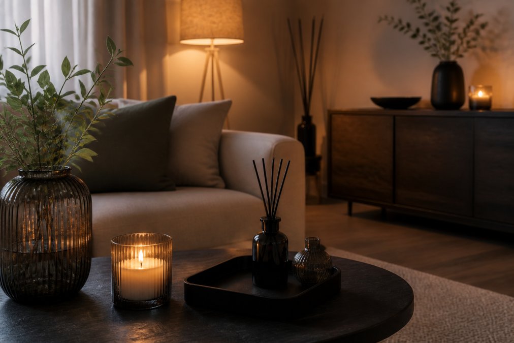 Gezellige woonkamer met verschillende geurproducten strategisch geplaatst: kaars op salontafel, diffuser op dressoir, en geurstokjes in hoek, warm licht en gezellige ambiance