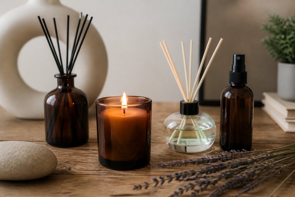 Flat lay van verschillende huisparfumproducten: geurstokjes in een vaas, brandende geurkaars, diffuser met stokjes en roomspray op een houten tafel met decoratieve elementen