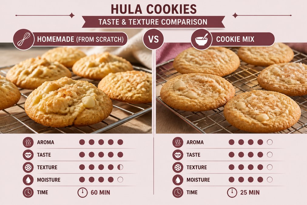 Close-up of two cookie batches side by side on a cooling rack, one from scratch and one from a mix, showing similar golden-brown edges and soft centers in warm afternoon light