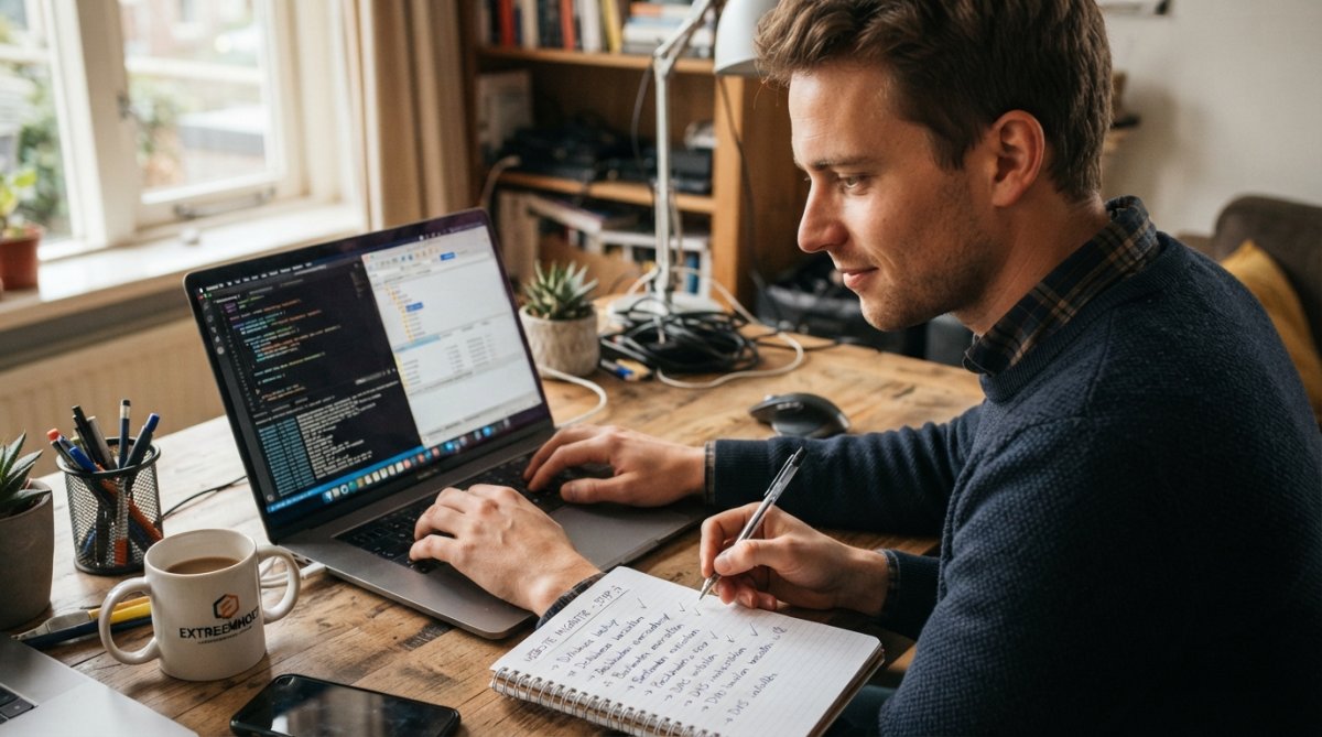 Persoon aan een bureau met laptop en koffie krijgt hulp bij het kiezen van een webhoster tijdens migratie