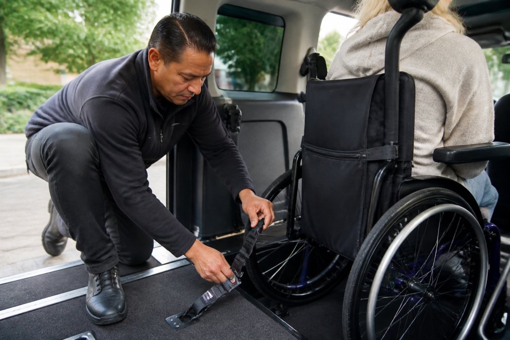 Professionele chauffeur controleert voorzichtig de vastzetriemen van de rolstoel in het voertuig, toont aandacht voor detail en veiligheid met handen die de riemen controleren