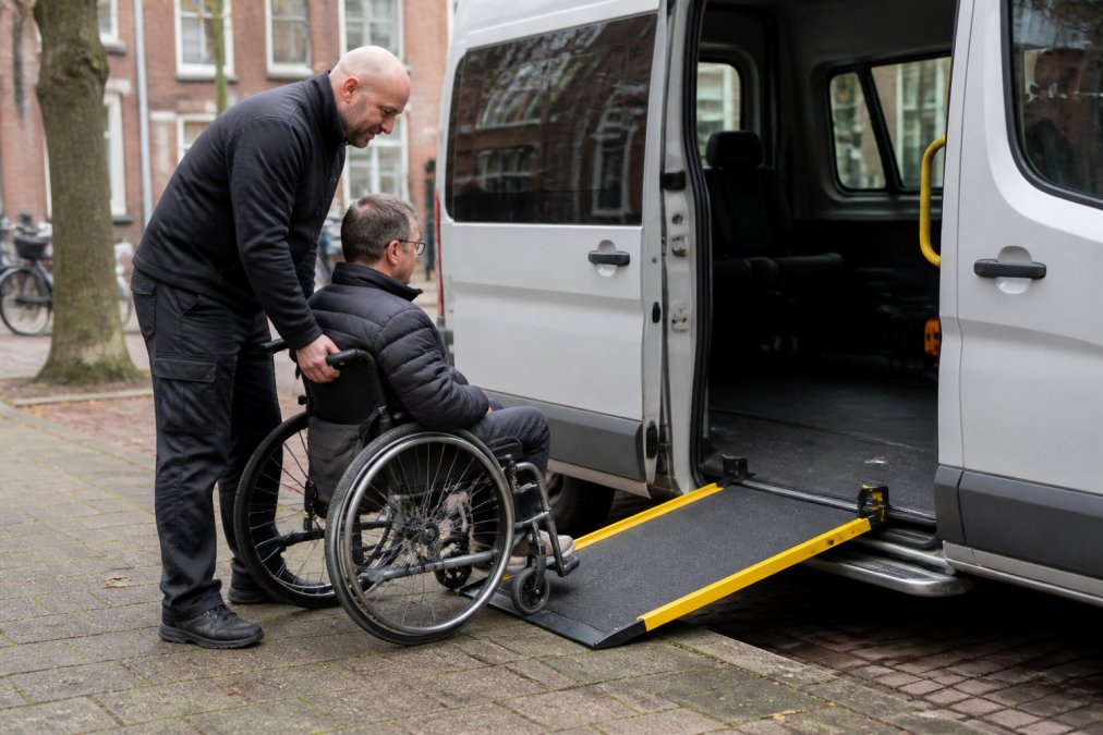 Een gecertificeerde chauffeur helpt voorzichtig een rolstoelgebruiker bij het overstappen van de rolstoel naar een toegankelijke taxibus, met de voertuigdeur volledig open en een transferplank zichtbaar, buiten in een stedelijke Nederlandse omgeving
