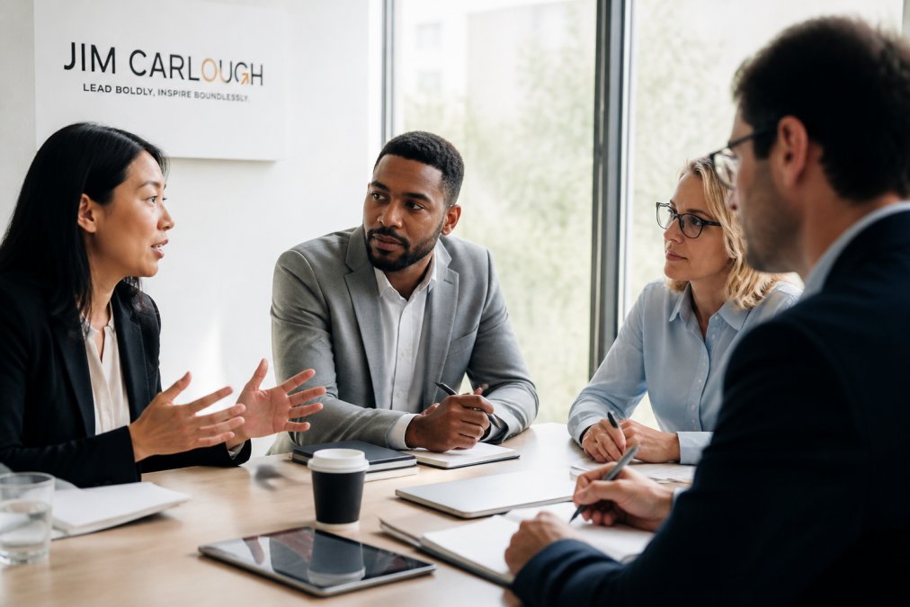 Diverse leadership team engaged in conversation around a modern conference table, with one executive actively listening and taking notes while others share ideas, natural office lighting