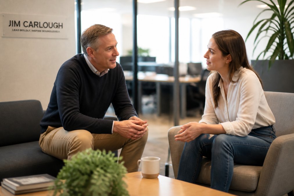 Manager and team member in one-on-one conversation in modern office, manager leaning forward attentively while employee appears relaxed and engaged, warm natural lighting