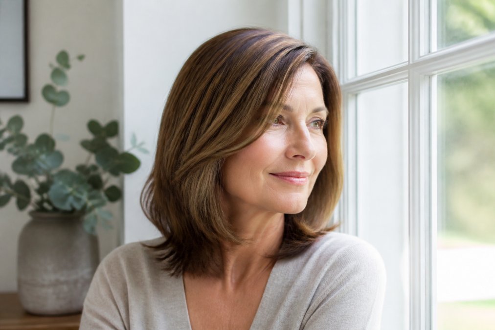 Woman over 50 wearing shoulder-length straight human hair wig with soft waves, styled elegantly with natural lighting showing the texture and movement of the hair, positioned in front of a window