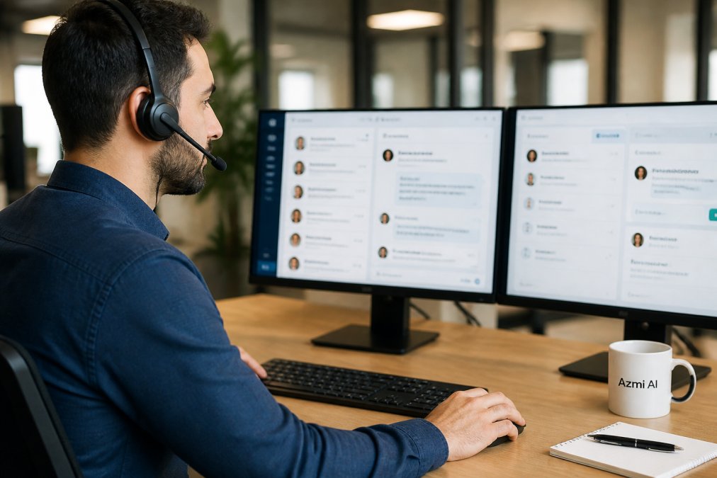 A customer support agent wearing a headset, looking at a dual-monitor setup displaying a chat interface with a customer conversation, in a bright modern office