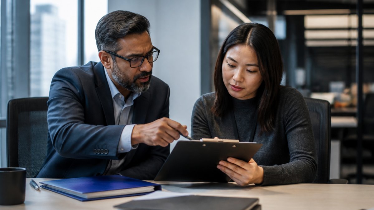 Risk officer and AI engineer using a human in the loop process to approve a flagged action on a workstation monitor.