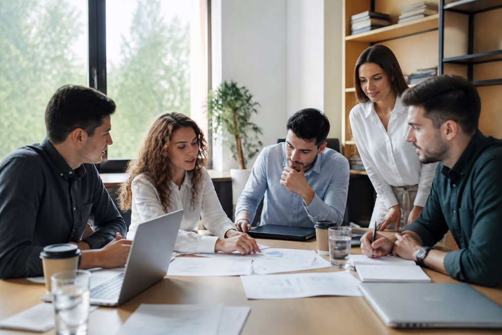 Equipo de marketing digital colaborando alrededor de una mesa con portátiles y documentos de estrategia, revisando métricas de rendimiento en una pantalla, luz natural de oficina