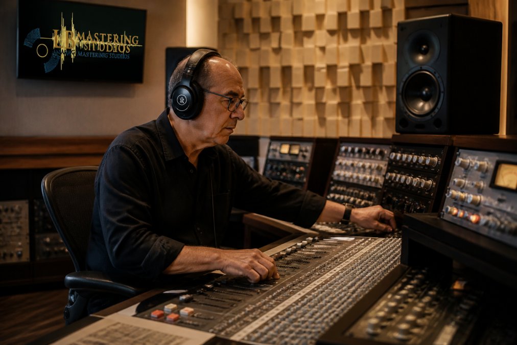 Professional mastering engineer seated at a large mixing console with analog outboard gear visible on racks, wearing professional headphones and adjusting faders while monitoring a stereo mix on high-end reference speakers in an acoustically treated studio with soft diffusion panels visible on the walls