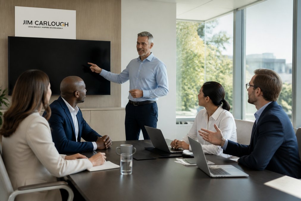 A diverse group of business leaders in a modern conference room, one pointing at a screen showing AI dashboards while others engage in discussion, natural light, candid moment