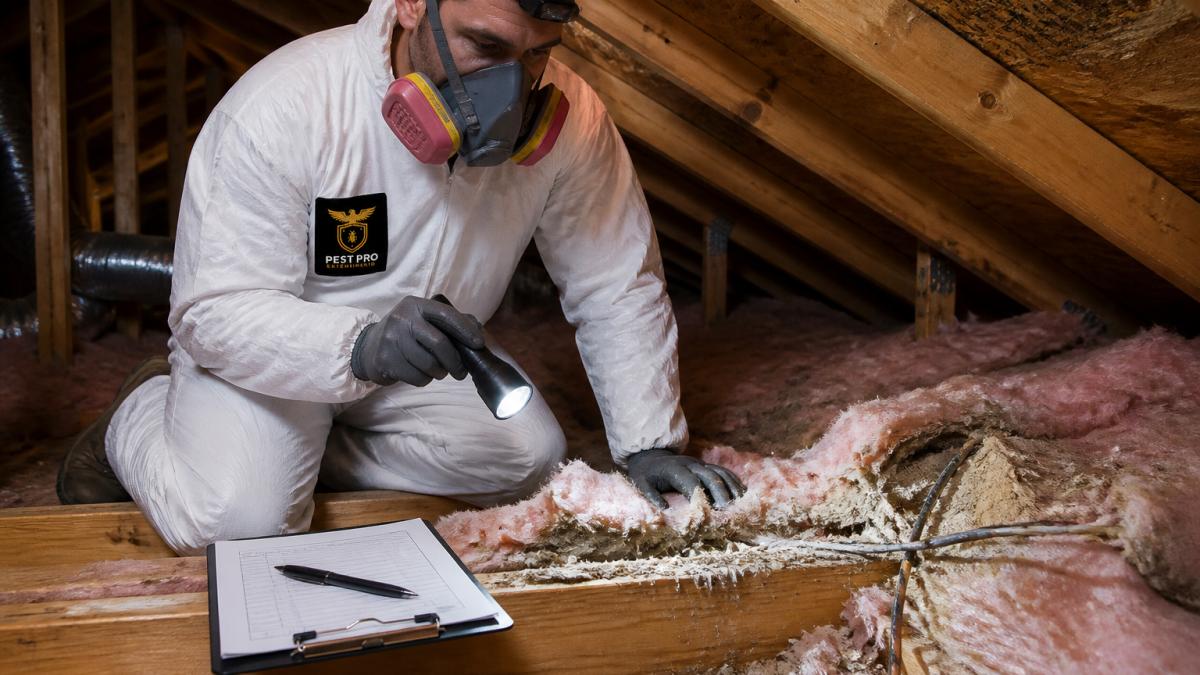 A technician in coveralls, gloves and a respirator inside a residential attic, kneeling beside torn insulation and a chewed wire run, holding a flashlight while a clipboard with an inspection checklist rests on a nearby joist