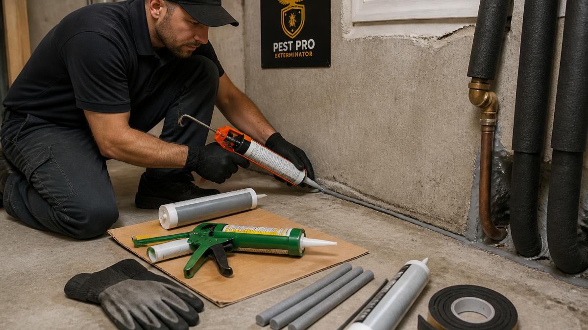 Professional demonstrating humane wildlife removal services calgary technique with caulk and weatherstripping materials around foundation crack and pipe penetration in residential basement
