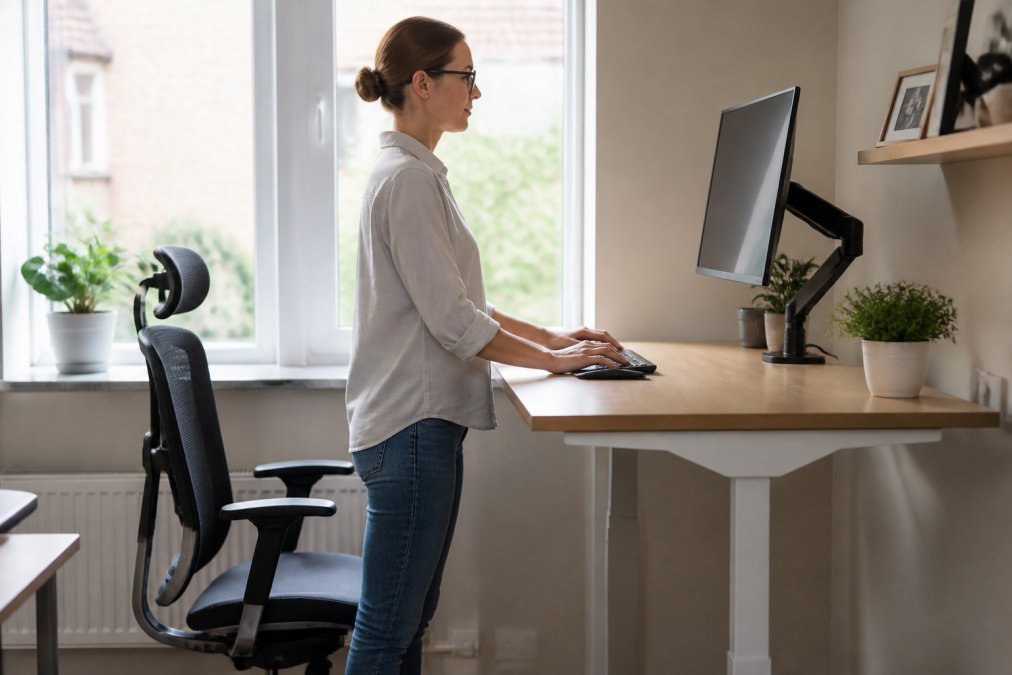 Professional sitting at standing desk with monitor at eye level, proper posture with neutral spine, ergonomic keyboard and mouse at elbow height, with adjustable chair providing lumbar support in bright natural office setting