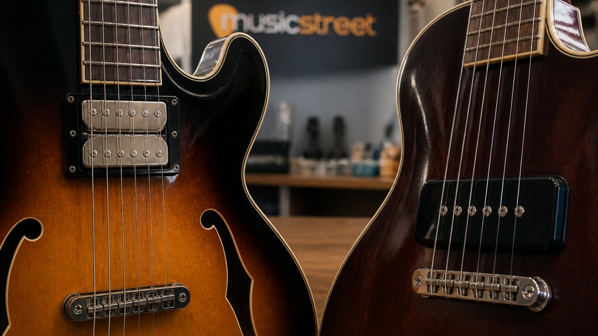 Close-up of a humbucker pickup and a P-90 pickup mounted on different guitar bodies, showing the coil structure and physical size differences in natural daylight