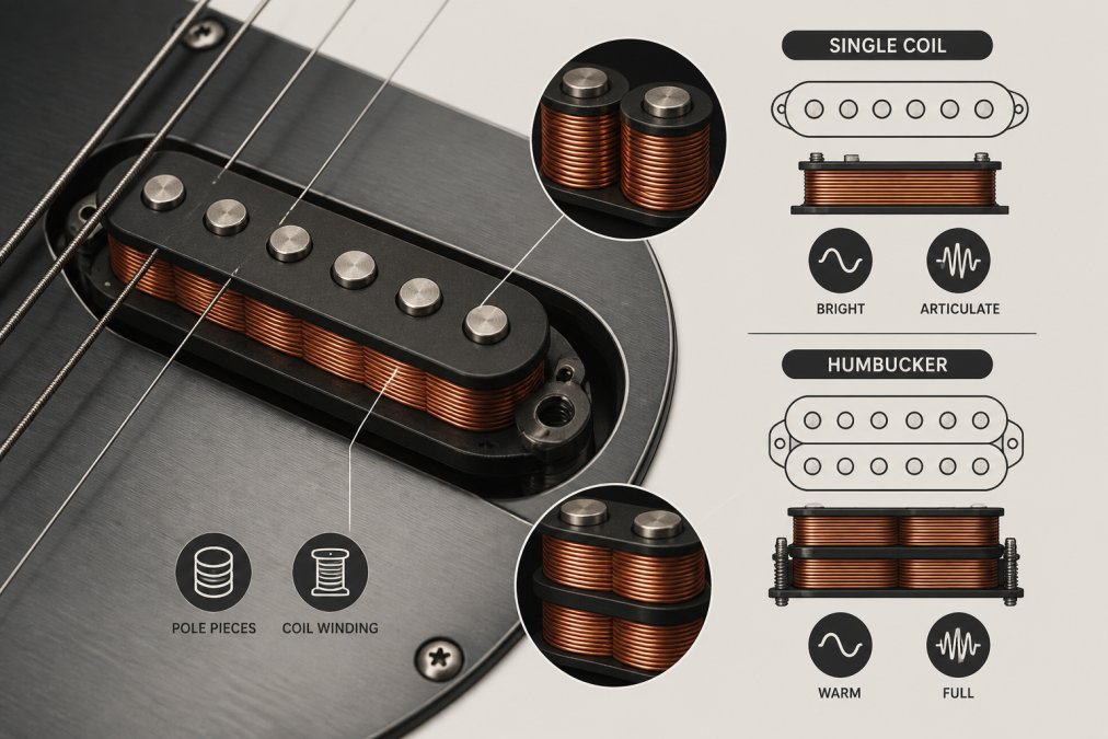 Close-up of a guitar pickup mounted on a guitar body, showing the coil windings and pole pieces in detail with warm studio lighting highlighting the copper wire wrapping