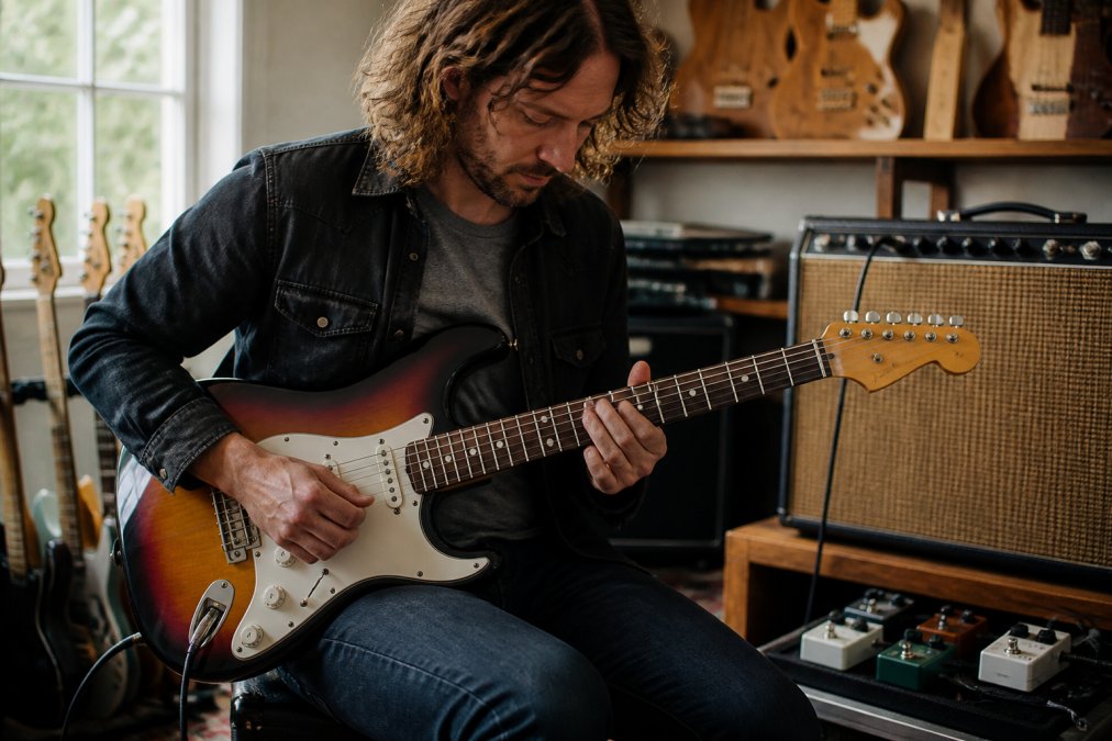 Guitarist playing an electric guitar in a home studio setting, with amplifier and effects pedals visible in the background, natural window lighting illuminating the scene