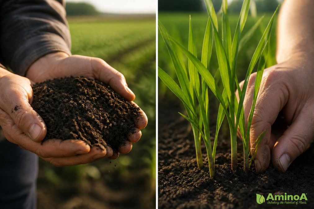 Close-up of a farmer's hands holding dark, crumbly soil with young green wheat shoots emerging in a field, soft morning light