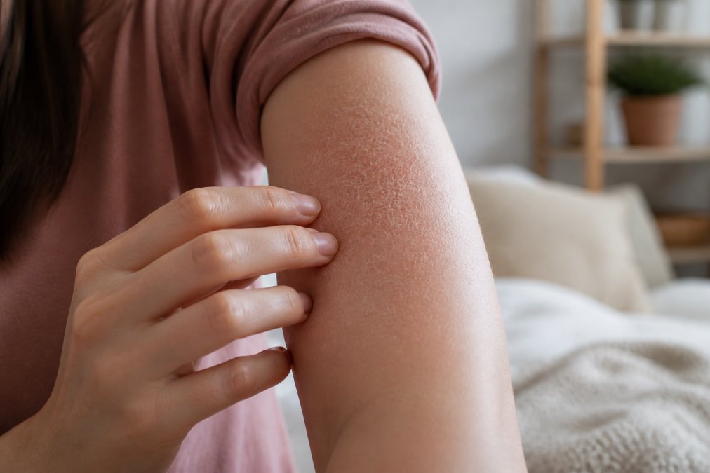 Close-up of a person's hand touching visibly dry, cracked skin on their arm, with a cosy bedroom or living room softly blurred in the background