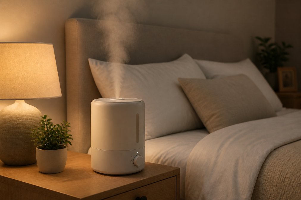 A portable humidifier sitting on a wooden bedside table in a warm, inviting bedroom with soft ambient lighting, comfortable furnishings, and a peaceful sleeping environment