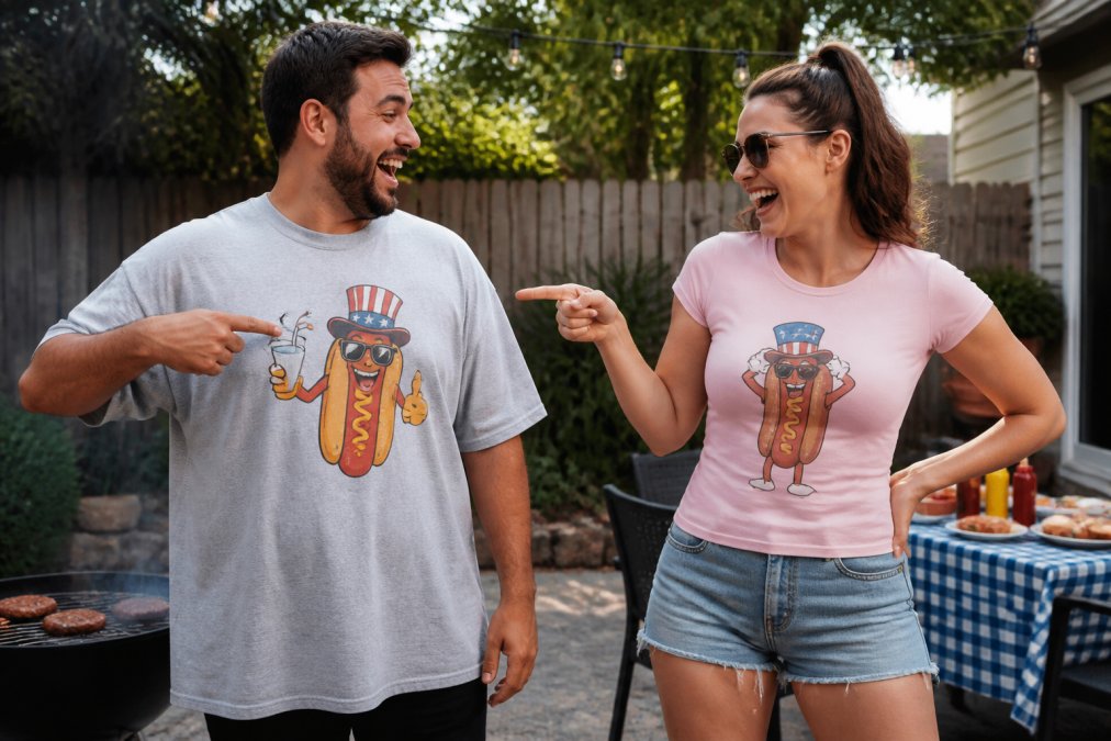 Two friends at a backyard barbecue, one wearing a relaxed-fit graphic tee and the other in a fitted cut, both laughing and pointing at each other's shirts