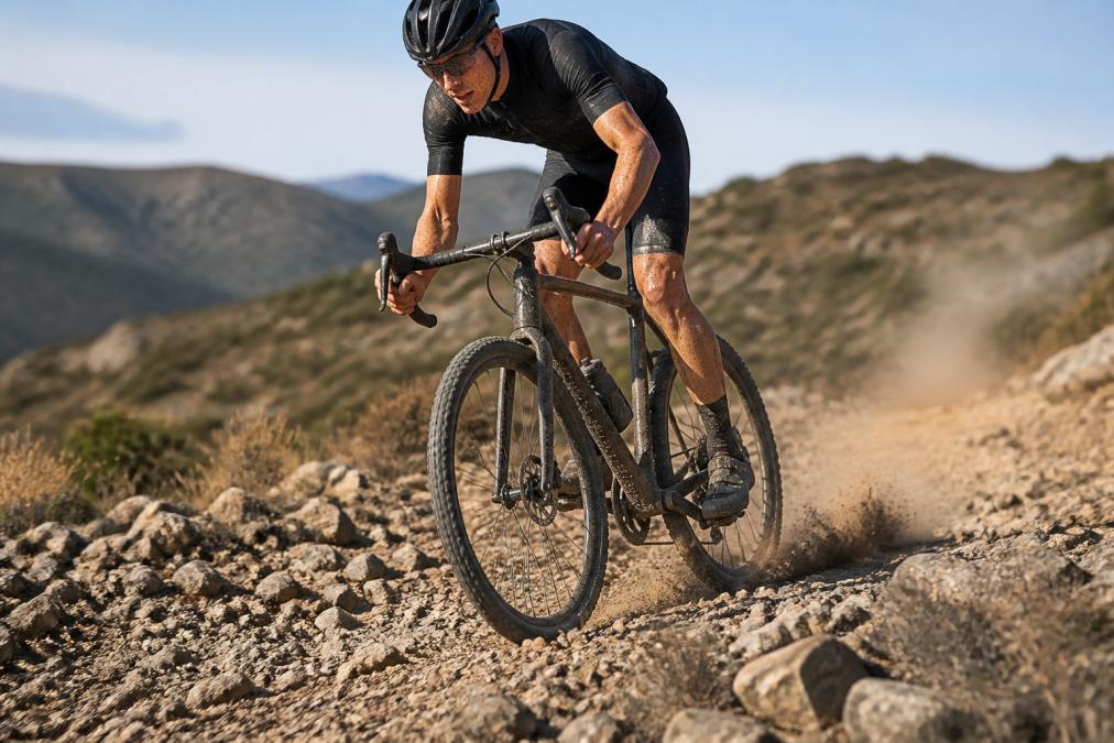 Gravel cyclist riding at speed on rough, rocky terrain with a carbon wheelset, showing the wheel's durability and performance in real-world racing conditions with dust kicked up