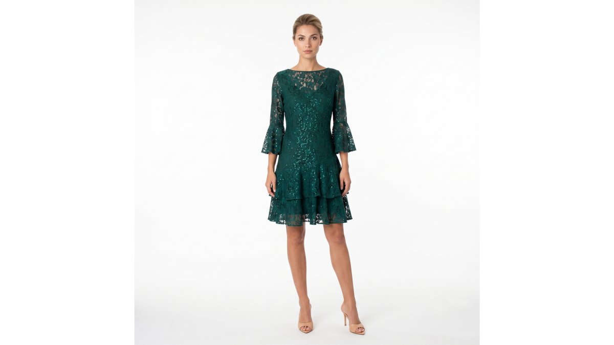 HUNTER GREEN LACE SEQUIN RUFFLE DRESS