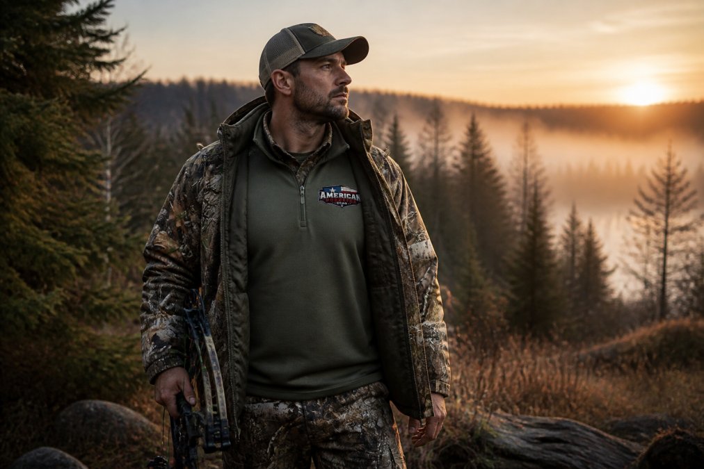 Hunter in field wearing properly layered hunting apparel with visible base layer, insulating mid-layer, and weatherproof outer shell during early morning hunt in cool conditions