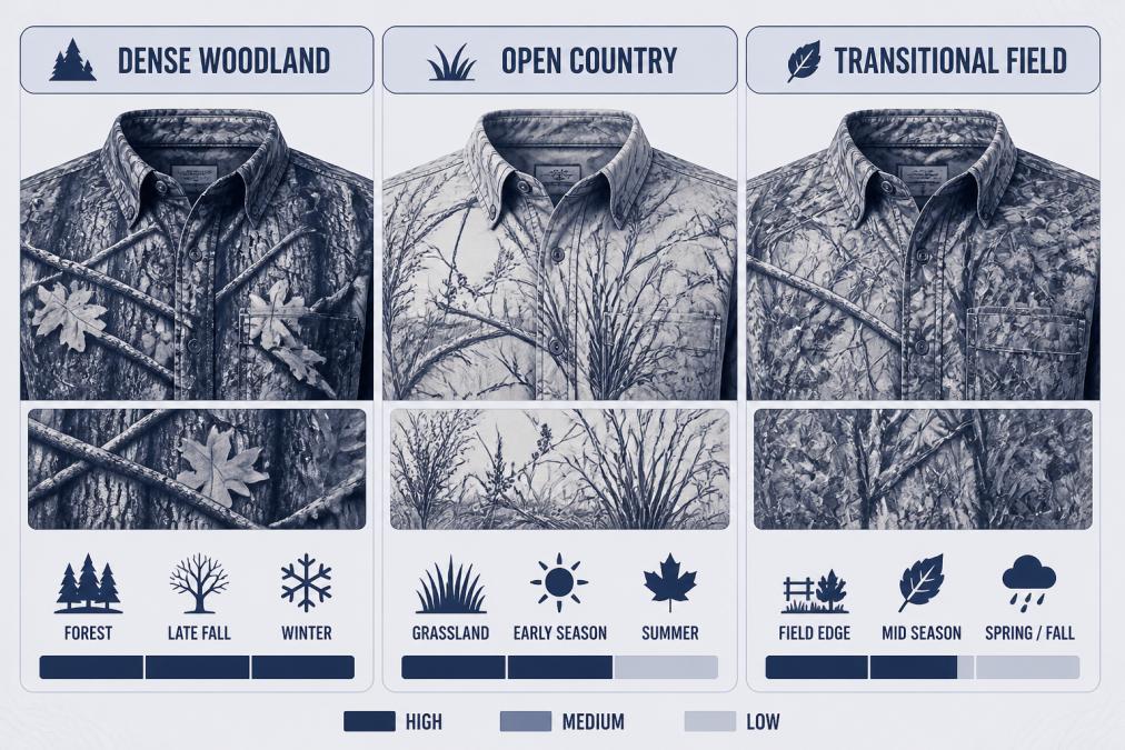 Close-up display of three different camouflage pattern hunting shirts arranged side-by-side showing contrast between dense woodland camo, light open-country pattern, and transitional field design