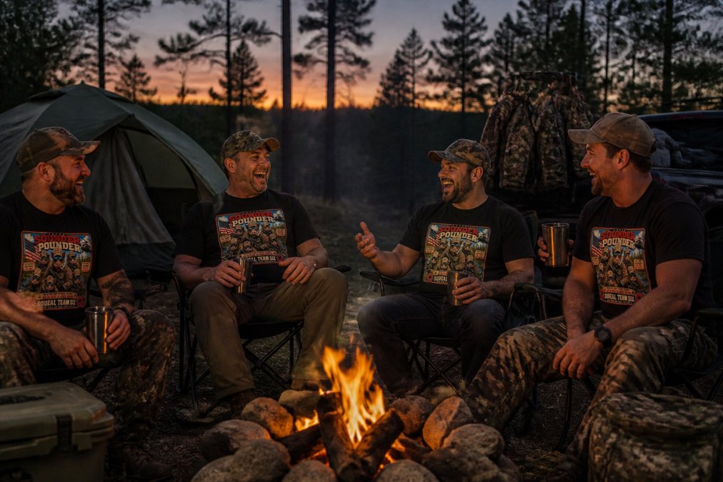 A diverse group of hunters gathered around a glowing campfire at dusk, laughing and sharing stories, with tents and hunting gear visible in the background and warm firelight illuminating their faces