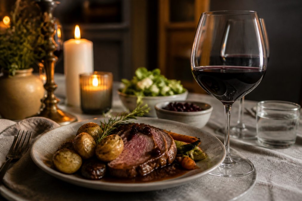 Ett glas rött vin från Toscana på ett dukat bord med älgstek, rostad potatis och grönsaker i bakgrunden, varm ljus från stearinljus