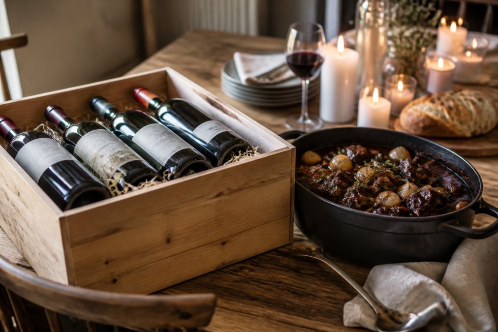 En öppen vinlåda på ett trädköksbord med italienska och franska flaskor synliga, bredvid en viltgryta och tända ljus i bakgrunden