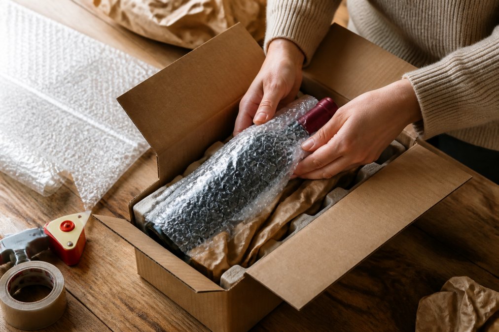 Händer som försiktigt packar en vinflaska i originalemballage med bubbelplast och skyddsmaterial, på ett trä arbetsbord